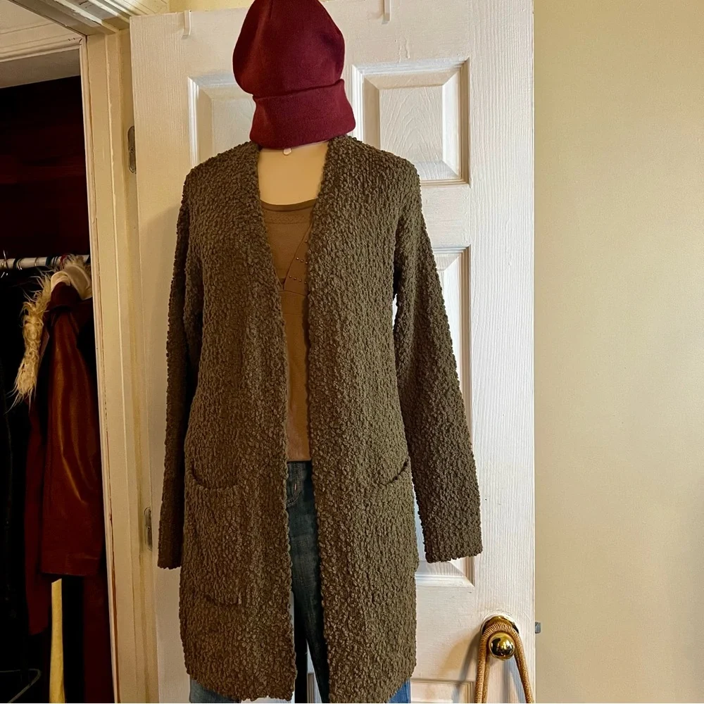 Bobeau Women’s Moss Green Popcorn Knit Open Boho‎ Cozy Casual Pocket Cardigan S